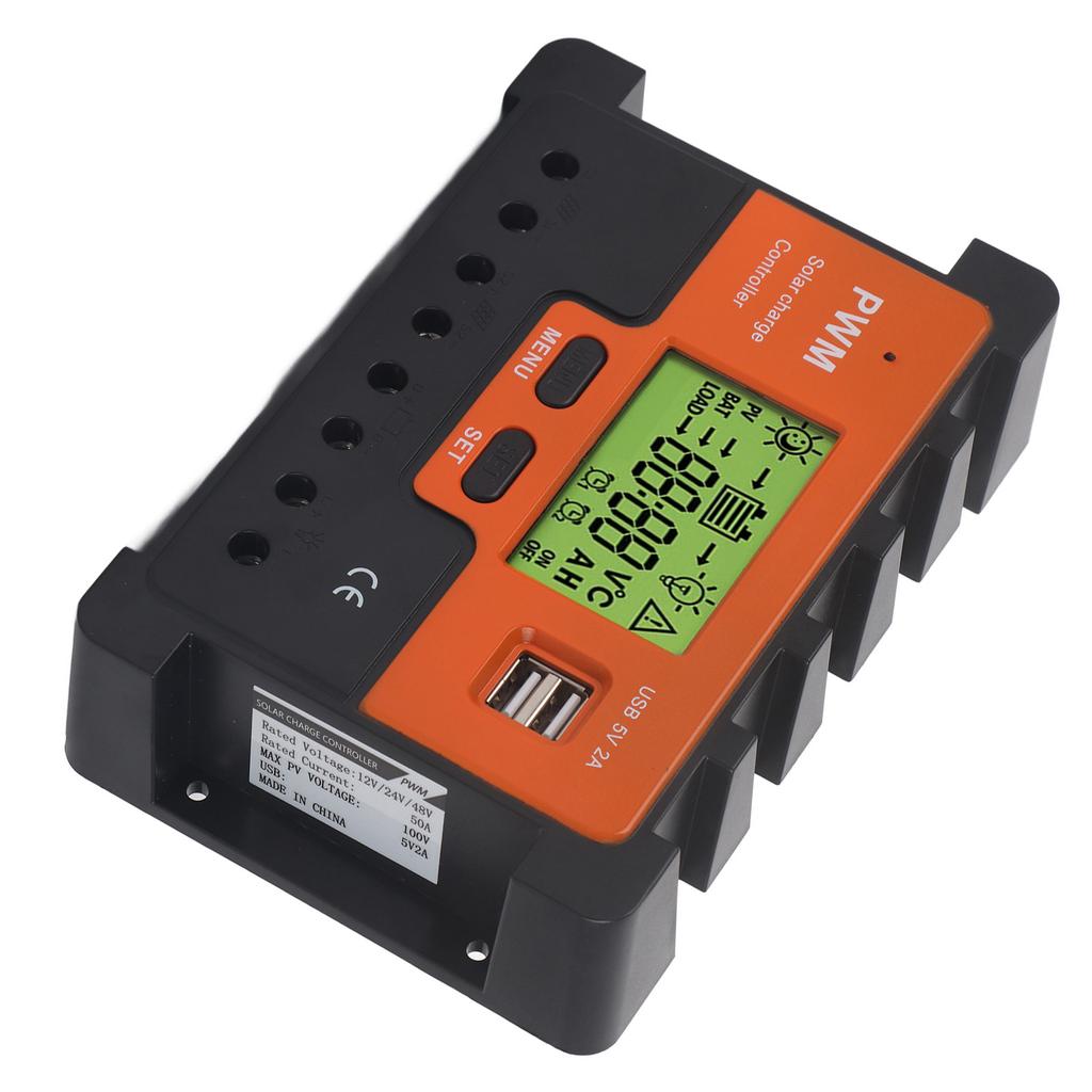 ШИМ Солнечный контроллер 50А 12В 24В 48В Ручной выбор 3-ступенчатая зарядка Регулятор солнечного заряда с 2
