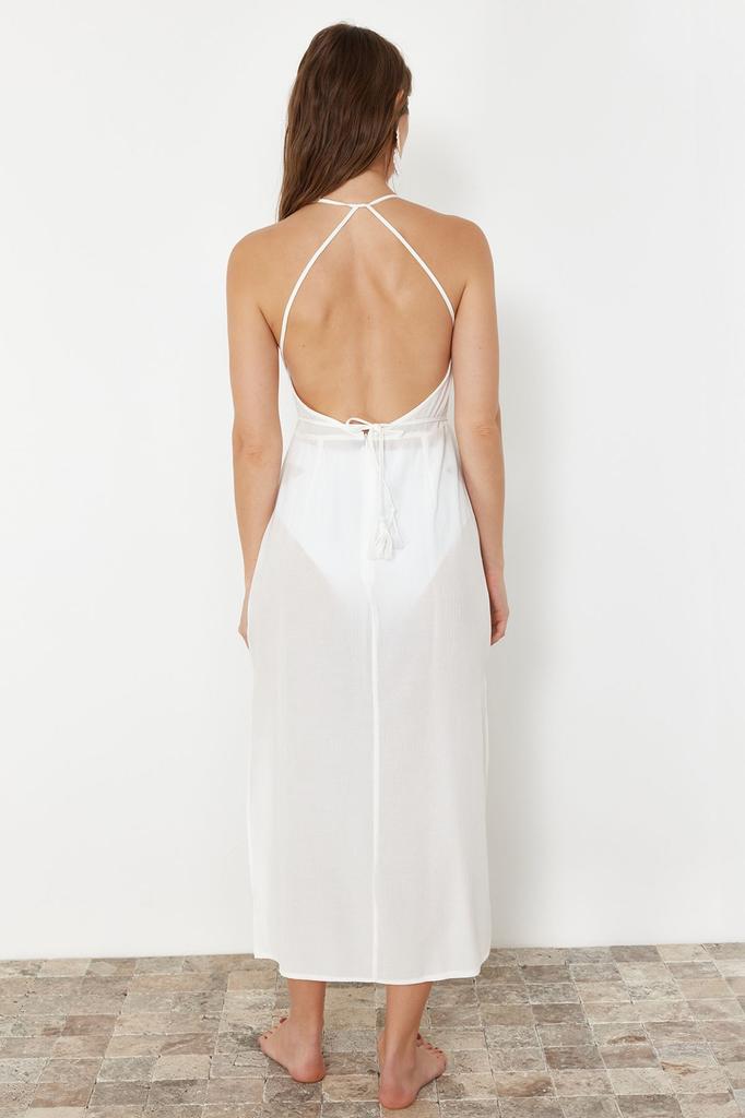 Женское стильное платье Черное тканое пляжное платье миди с открытой спиной