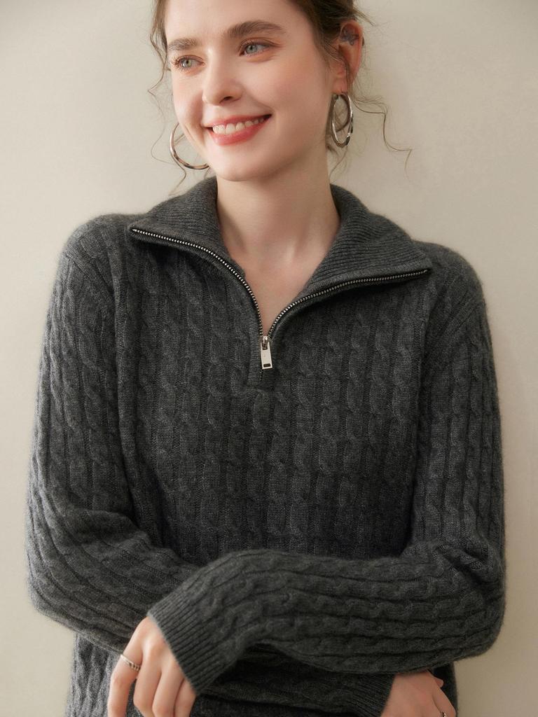 Women's Thickened Cashmere Half-Zip Knit Sweater - Loose Fit, Soft, Turn-Down Collar for Autumn and Winter