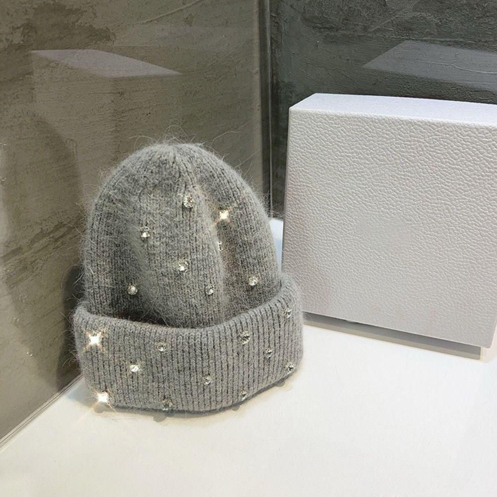 Rhinestone Beads Pullover Yarn Hat Rabbit Fur Warm Bonnet Beaanies Korean Wool Skullies Cap Women
