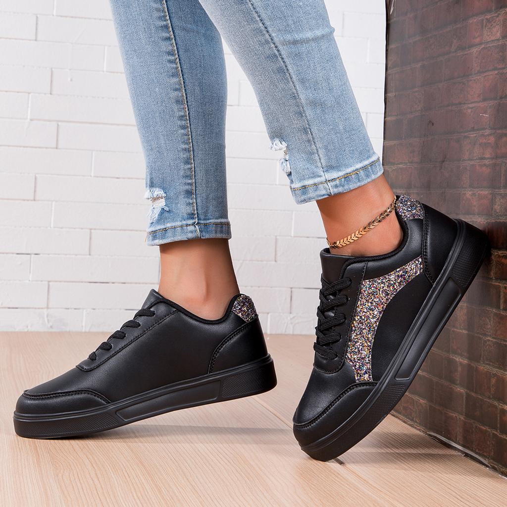 MCTIN White Shoes Women's PU Leather Sports Shoes Flats Black Sequined Sneakers Plus Size 35-42