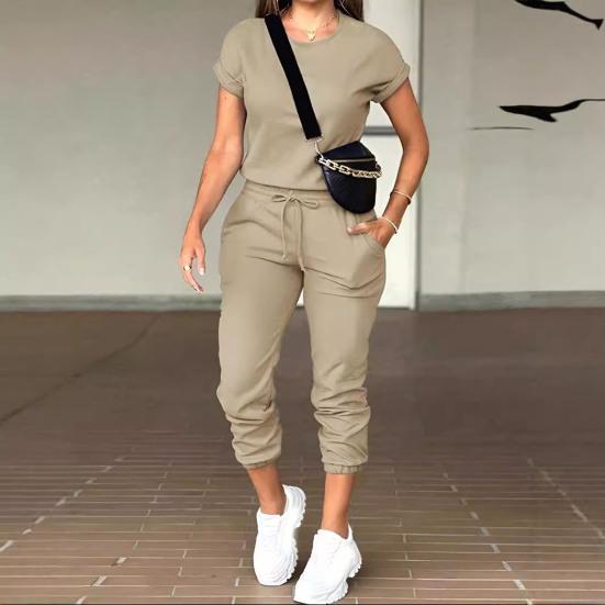 Женский спортивный костюм с коротким рукавом Yousheng, повседневный топ с круглым вырезом и джоггеры на шнурке с карманами, женский спортивный комплект из двух частей