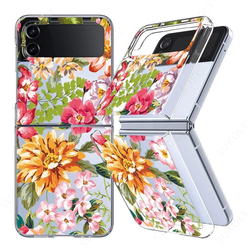 For Samsung Galaxy Z Flip5 Flip6 Flip4 Case Flower Pattern Shockproof Folding Transparent Cover For Samsung Galaxy Z Flip 5 4 3