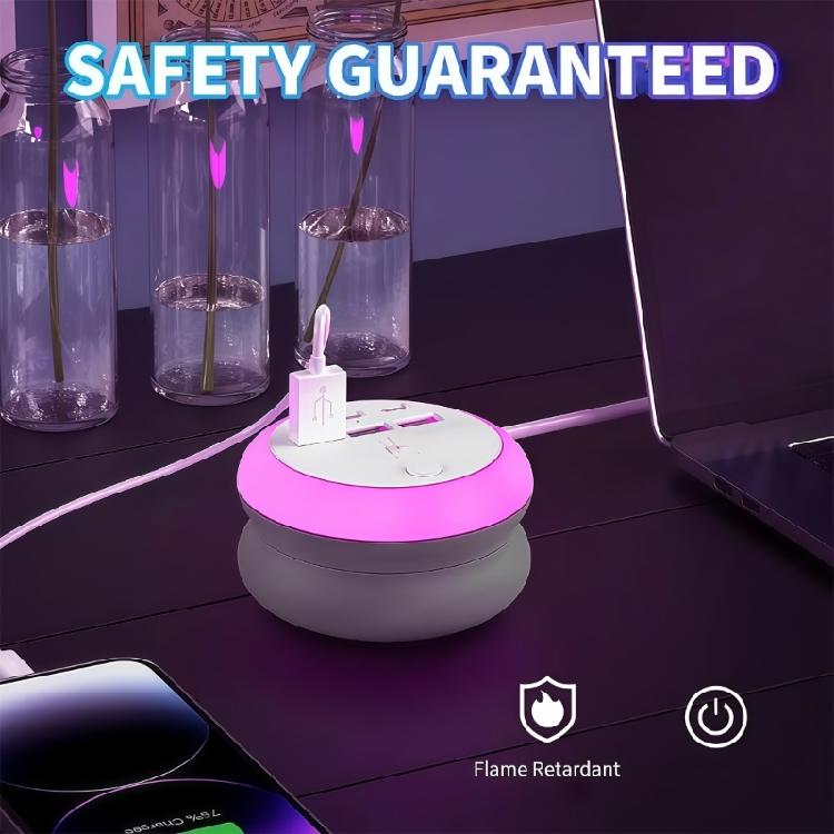 Desktop USB Power Hub with 3Prong Plug, 3 USB-A 3 USB C Port, ClicksControl Night Light, 9x5cm Retractable Cable Body