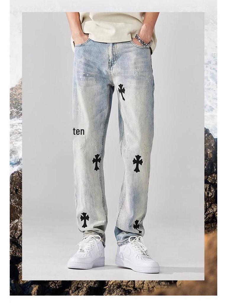 Мужские летние джинсы широкого кроя с принтом и эффектом стирки