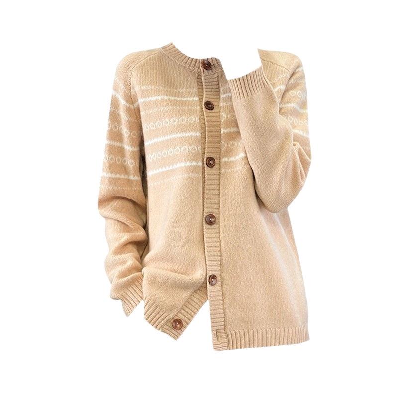 Women's 100% Wool Jacquard Round Neck Cardigan – Soft, Warm, and Stylish Autumn/Winter Sweater Coat