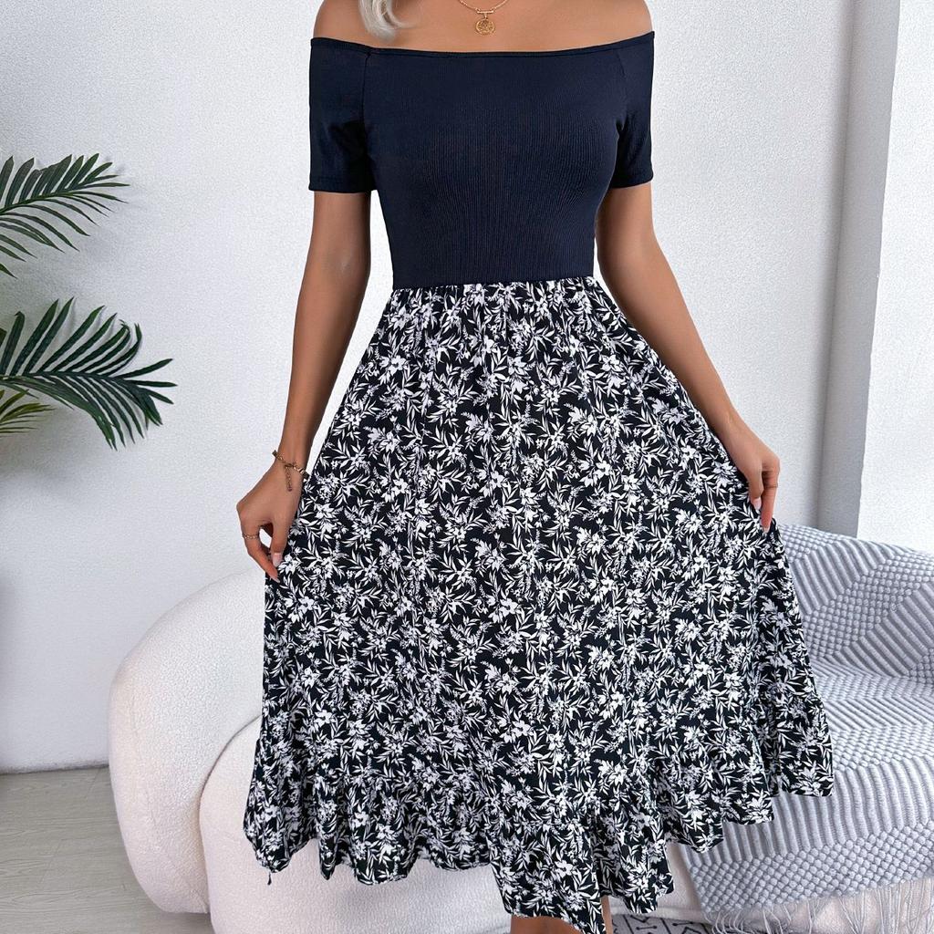 GMXIA Женская мода, лето, весна, цветы с открытыми плечами и оборками, повседневные платья с коротким рукавом и высокой талией на одно плечо