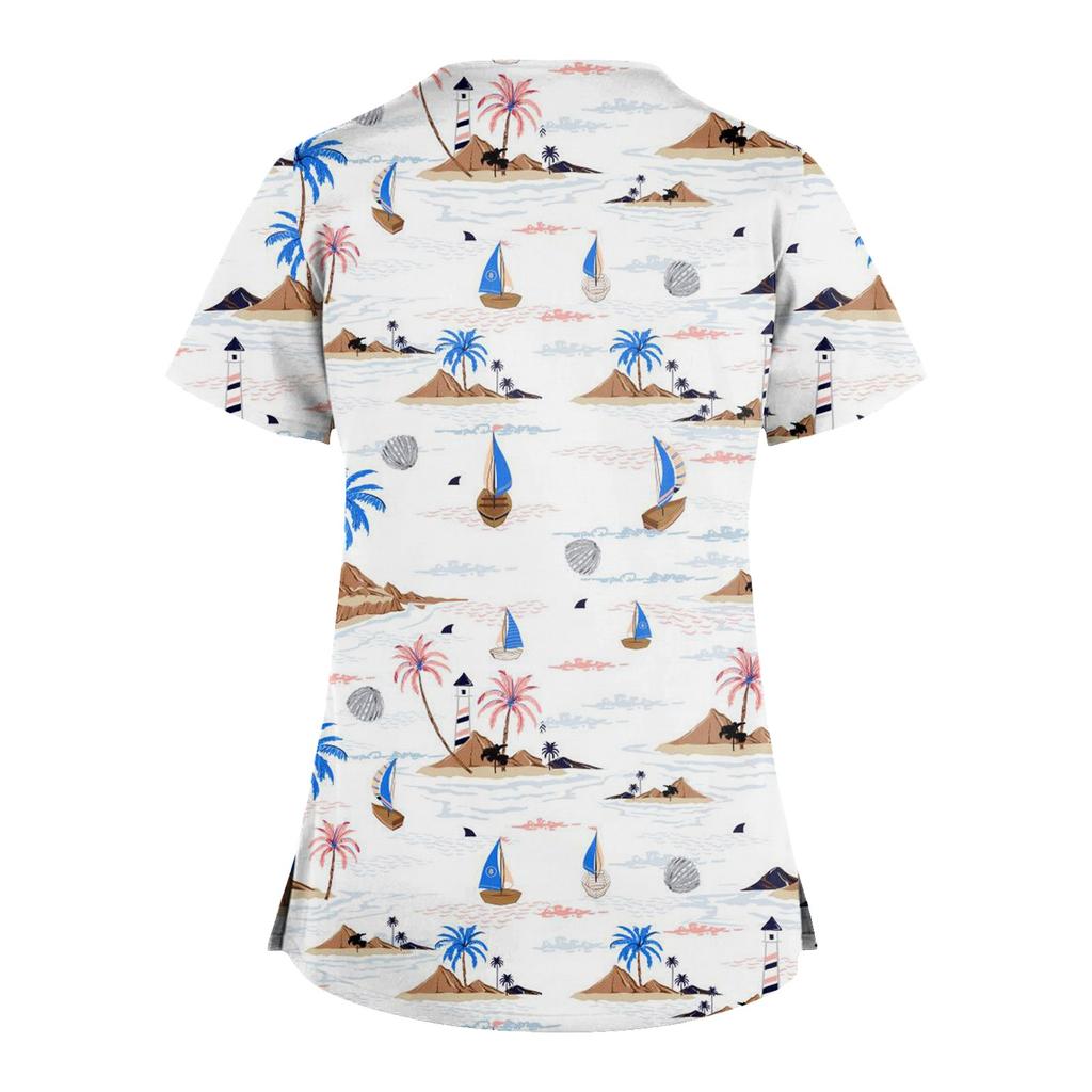 Плюс размер, милая рабочая форма с принтом, топы для женщин, забавные футболки с перекрестным v-образным вырезом и короткими рукавами, рабочая одежда, футболка с карманами