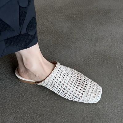 Сплетенная вручную сетчатая сумка-мешок, сандалии с открытым носком, женские, французские, универсальные, с вырезами, для улицы, квадратный носок, плоская подошва, полушлепки