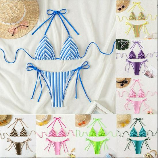 Полосатое женское махровое бикини и плавки: Сексуальный треугольный купальник