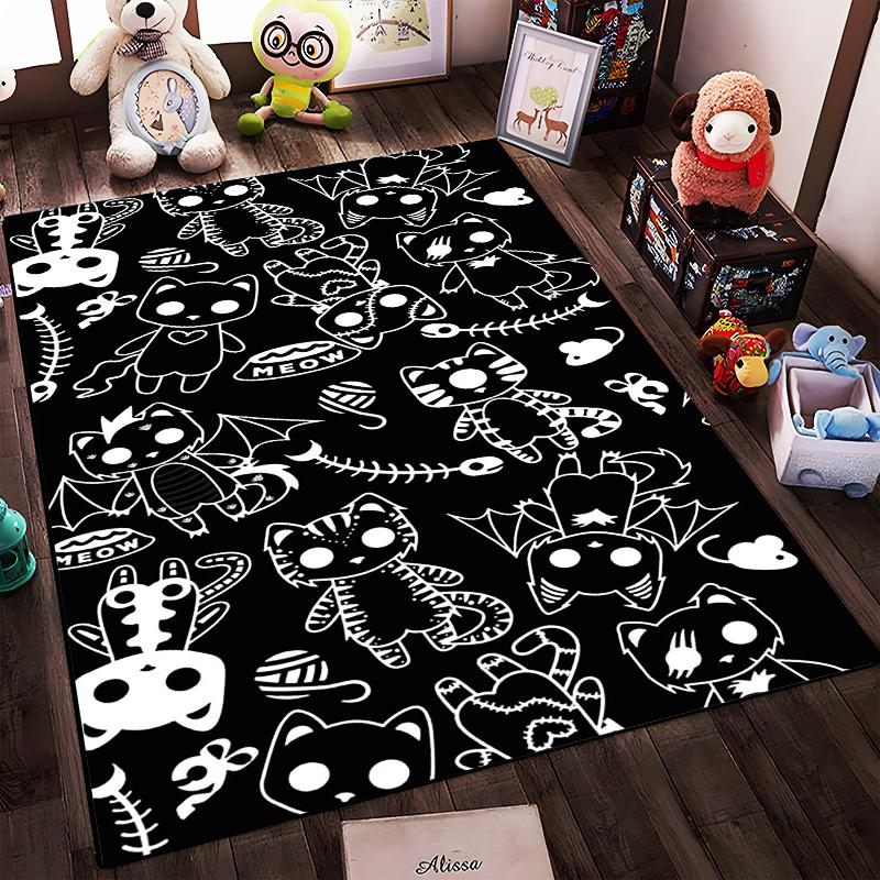 Black Carpet Featuring Cute Cartoon Cats1Bat-Wing Design1Fishbones1Unique Style Suitable for use as an anti-slip1 for1room and bedroom sofas