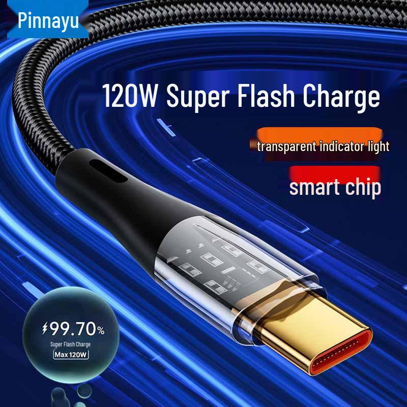 120 Вт Прозрачный Плетеный Кабель Super Fast Charging, Совместимый с Двойным Type-C и Apple PD, для Huawei, Трансграничный Стиль
