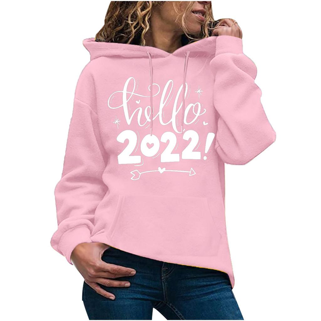 Women's Fashion Casual New Year Print Hooded Sweatshirt Loose Sports Pullover
