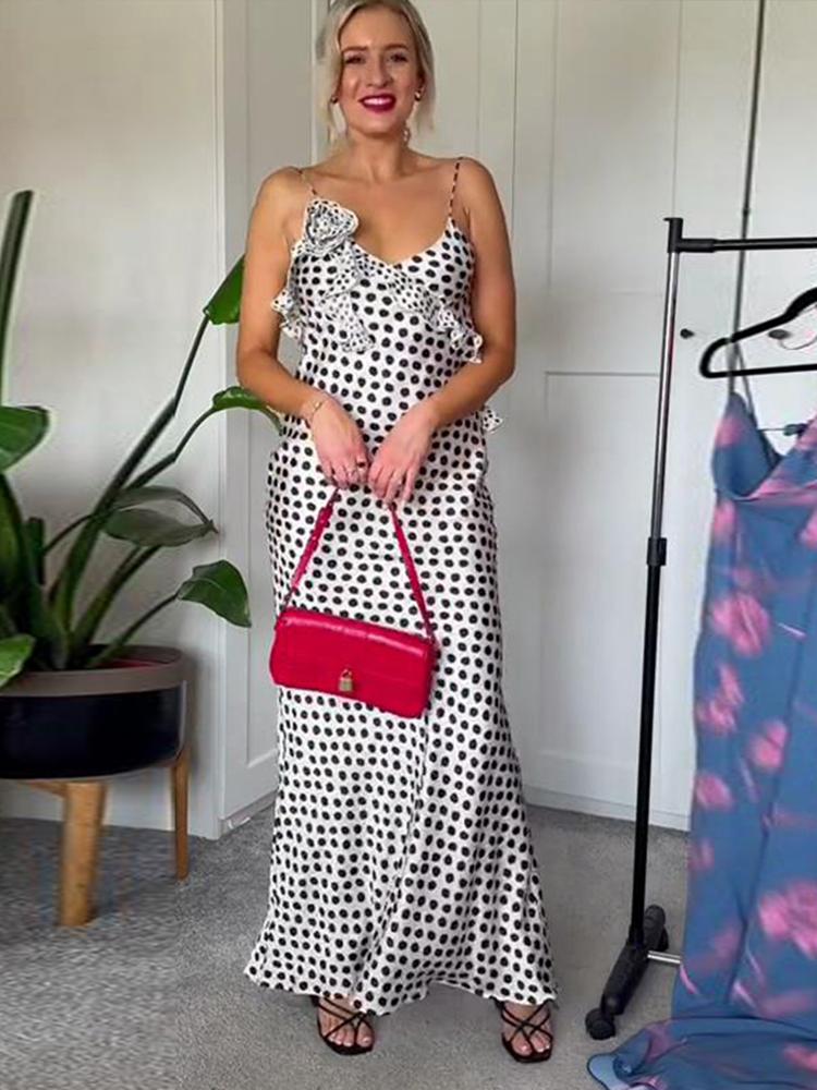 Длинное платье на бретельках с принтом в горошек, женское длинное платье с v-образным вырезом, без рукавов, с открытой спиной и 3D цветком, женское летнее праздничное женское платье