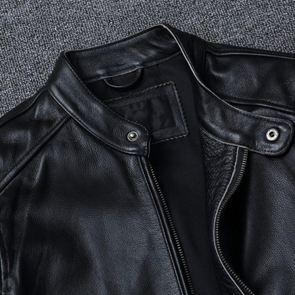 Верхний слой воловьей кожи Slim Fit с воротником-стойкой Мотоциклетный костюм Мужская кожаная куртка Мягкая воловья кожа Куртка большого размера Модная