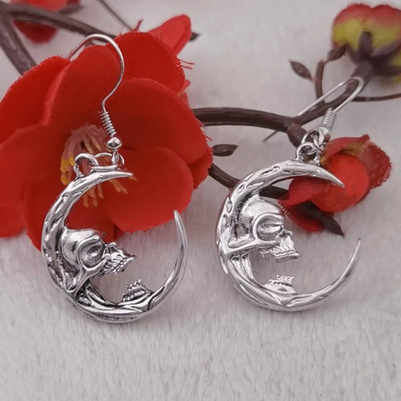 Модные старинные серебристые серьги-подвески с черепом в форме луны для женщин, готические темные винтажные ювелирные изделия с черепом, подарки