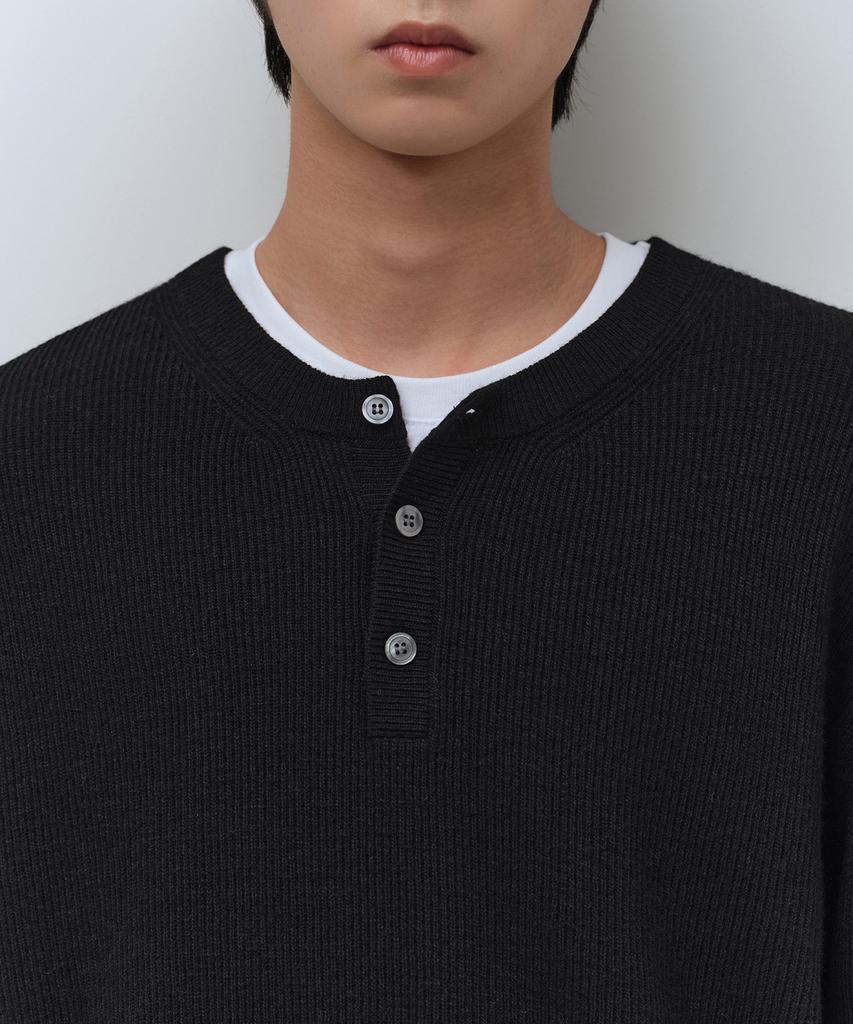 MUSINSA STANDARD [Victoria Wool] Minimal Ribbed Henley Neck Knit [Black]
