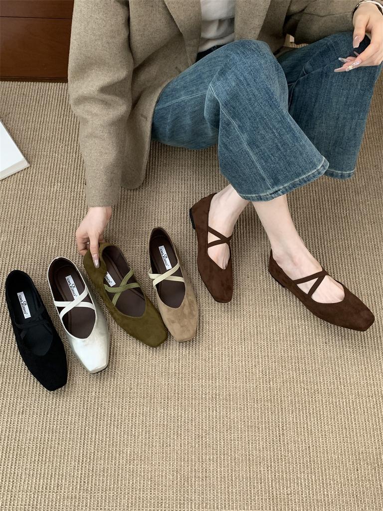 Flat Bottom French Small Square Head Suede Light Mouth Single Shoes Women's Spring and Autumn Evening with Skirt Mary Jane Pregnant Women's Grandma Sh