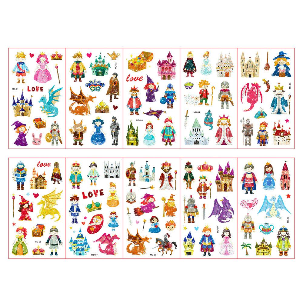 10 листов/набор красочные тату-наклейки с блестящей пудрой, мультяшные животные, единорог, принцесса, транспорт, временные поддельные татуировки для детей