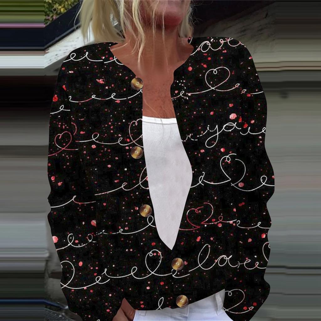 Women's Fashion Printed Valentine's Day Long Sleeved Knitted Cardigan Button Down Jacket