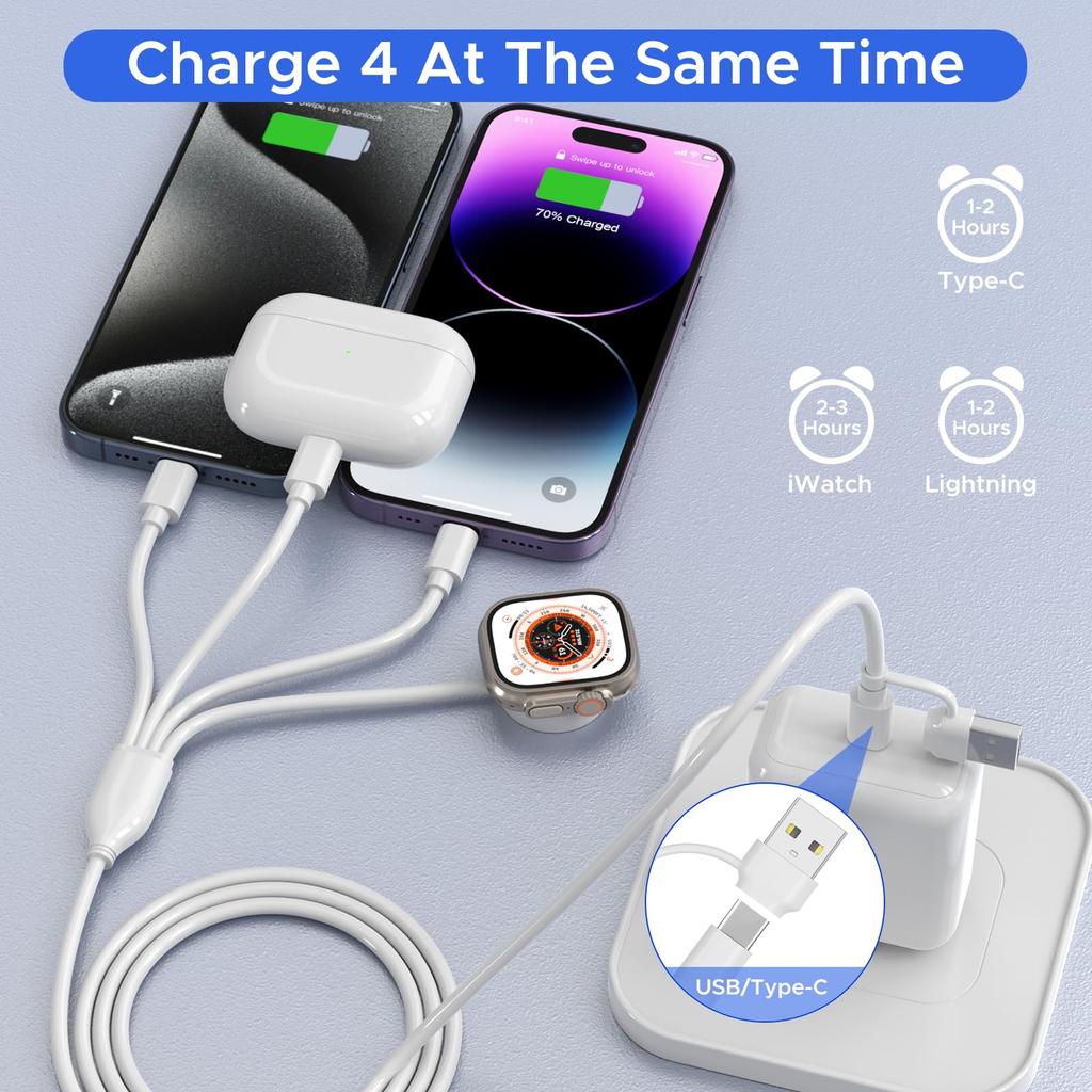 4 In 2 Multi Charging Cable for Apple Watch Charger USB C Cable  Tra Vel Charger Compatible with iPhone 15 14 13 iWatch Series
