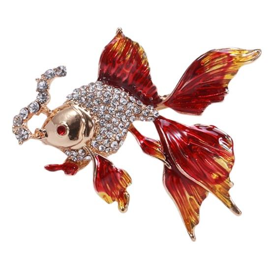 Брошь «Золотая рыбка» Декор со стразами Градиент контрастного цвета Реалистичная форма рыбы 3D Цветная нержавеющая сталь Роскошь
