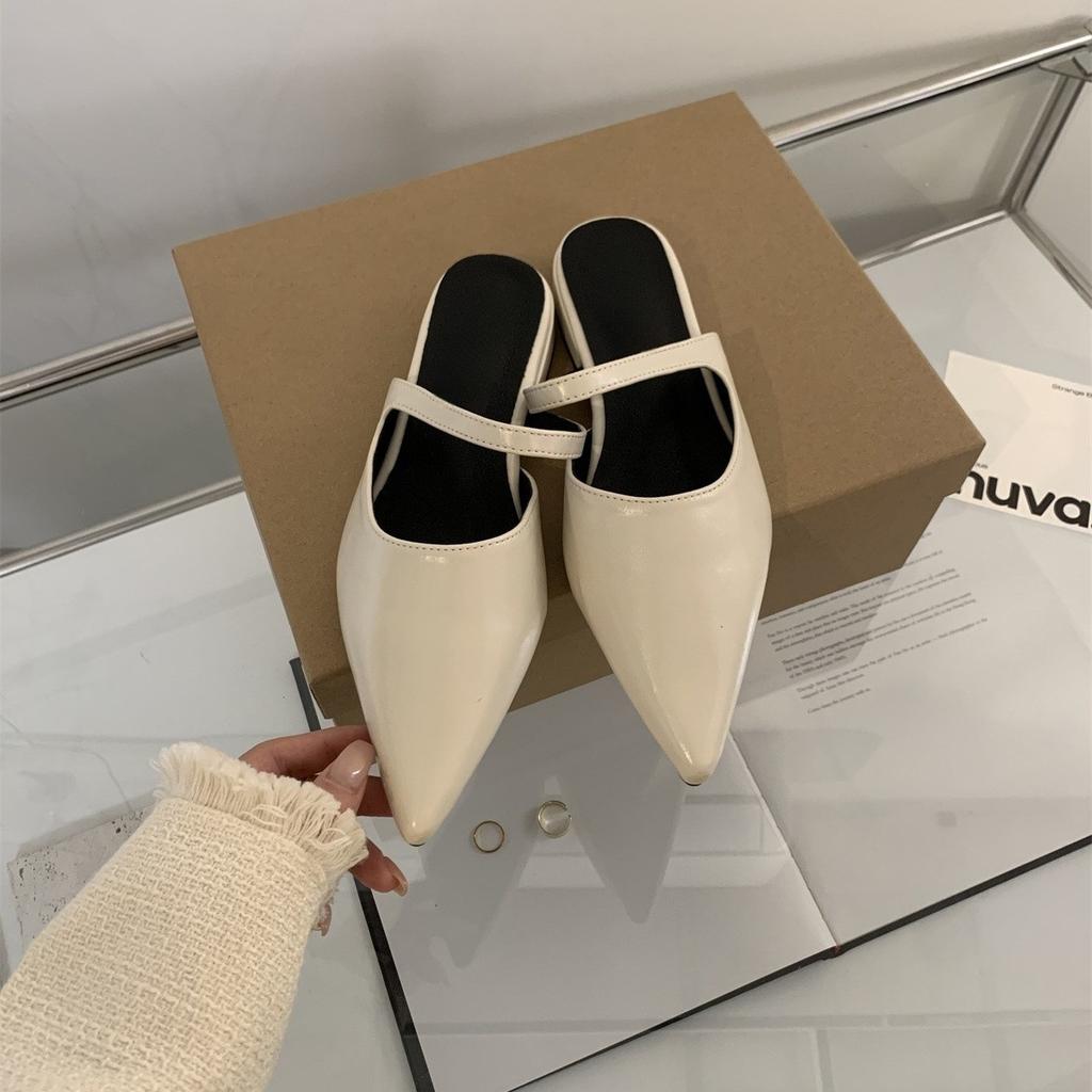 Women's Bag Head and Half Slippers, Women's Wear Pointed Soft Leather Shoes, Gentle Flat Sandals