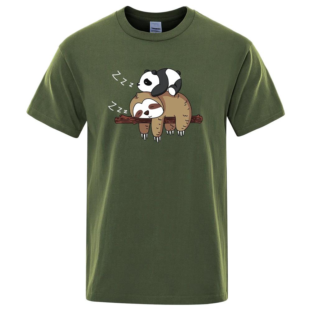 Panda Lying On A Sloth Cute Print UnisexTee Shirt Oversized Cartoons Top Regular Sleeve Tee Shirts Cotton Casual T Shirt