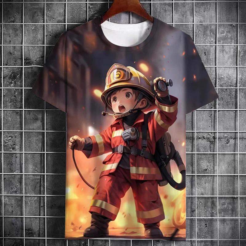 Новая летняя футболка для мальчиков с рисунком из мультфильма «Пожарный», с круглым вырезом, удобная повседневная модная, с коротким рукавом