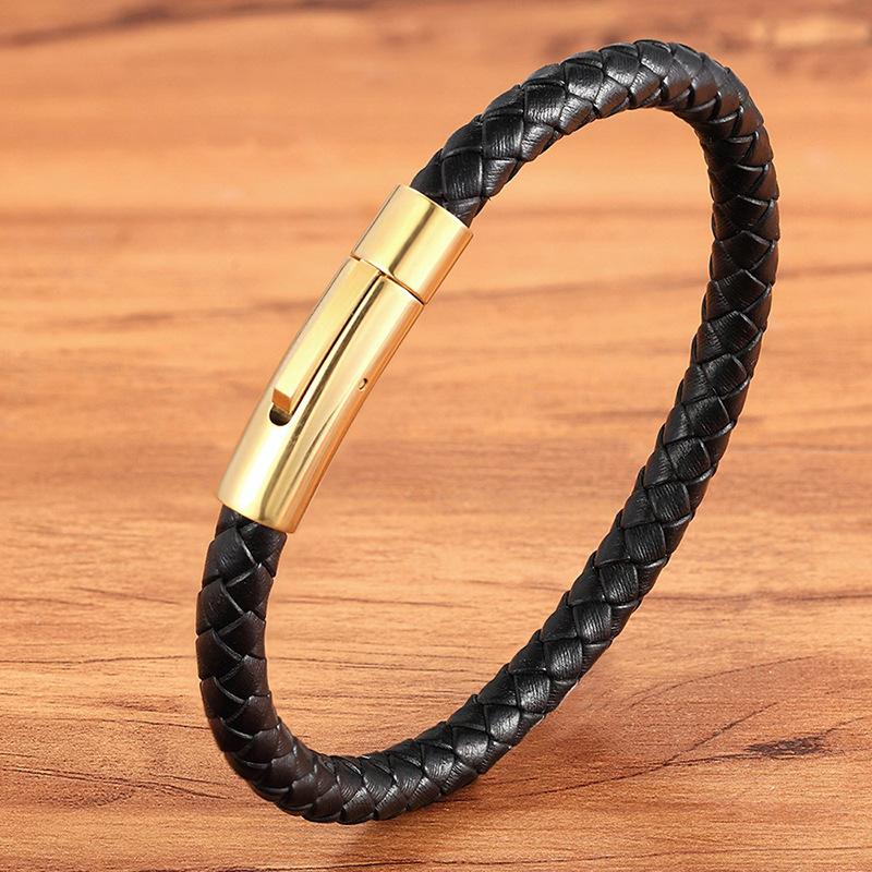 Simple Hip-hop Titanium Steel Braided Leather Bracelet Black Stainless Steel Punk Men's Bracelets Casual Sports Cycling Jewellery Accessories