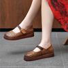 Johnature Women's Flat Shoes Retro Round Toe Genuine Leather Hollow-out Breathable Soft Soled Sandals