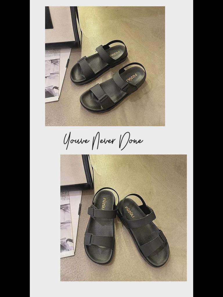 2024 Летние женские плоские корейские модные пляжные сандалии с ремешком на липучке