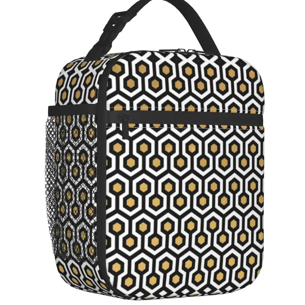 Grey Gold Geometry Art Deco Insulated Lunch Bag for Outdoor Picnic Abstract Geometry Portable Cooler Thermal Bento Box Women Kid