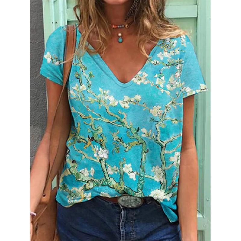 Summer Oil Painting 3D Print T-shirt Women Streetwear T Shirts Tops Woman Harajuku V-Neck Tees Oversized Clothing