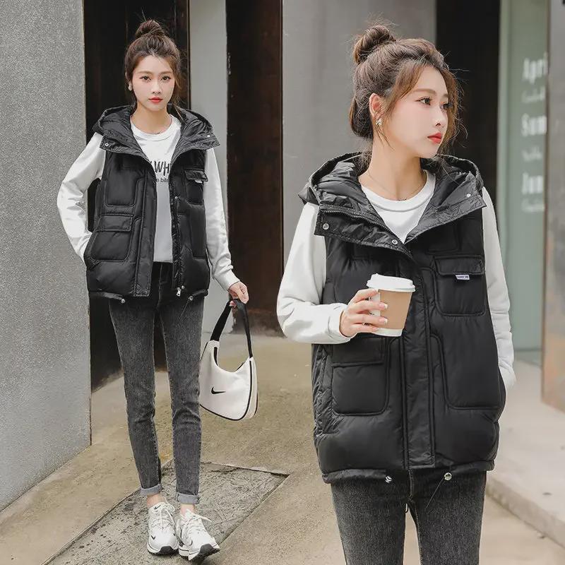 G Korean 2024 Women's Hooded Shiny Down Cotton Vest - Wash-Free, Thickened Winter Waistcoat