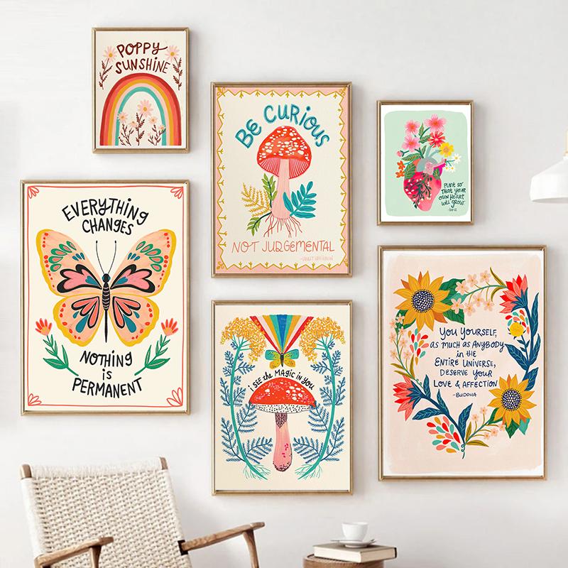 Boho Art вдохновляющая цитата плакат холст картина гриб сердце бабочка птица цветы настенное искусство для современной комнаты домашний декор