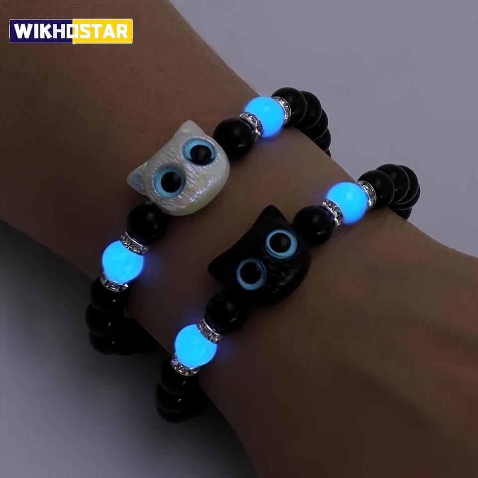 Парные браслеты для пар, женские, мужские, светящиеся, милый кот, браслет дружбы, черные, белые, браслеты с кошачьей головой, светятся в темноте, подарок