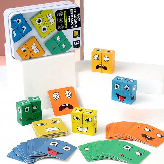 Face Changing Cube Board Card Game Building Blocks Cartoon Wooden Puzzle Montessori Anxiety Stress Relief Toys For Children Kids