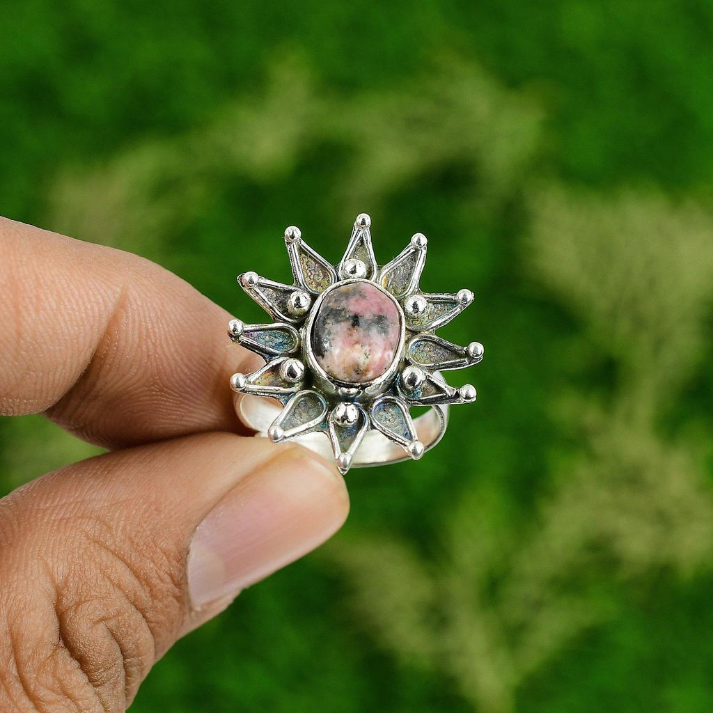 Womens Day Sale 925 Silver Natural Rhodonite Statement Wife Flower Ring Jewelry