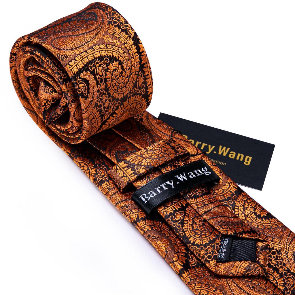 Barry.Wang Necktie Hankerchief Cufflinks Set Earth Yellow Paisley Jacquard Woven Wedding