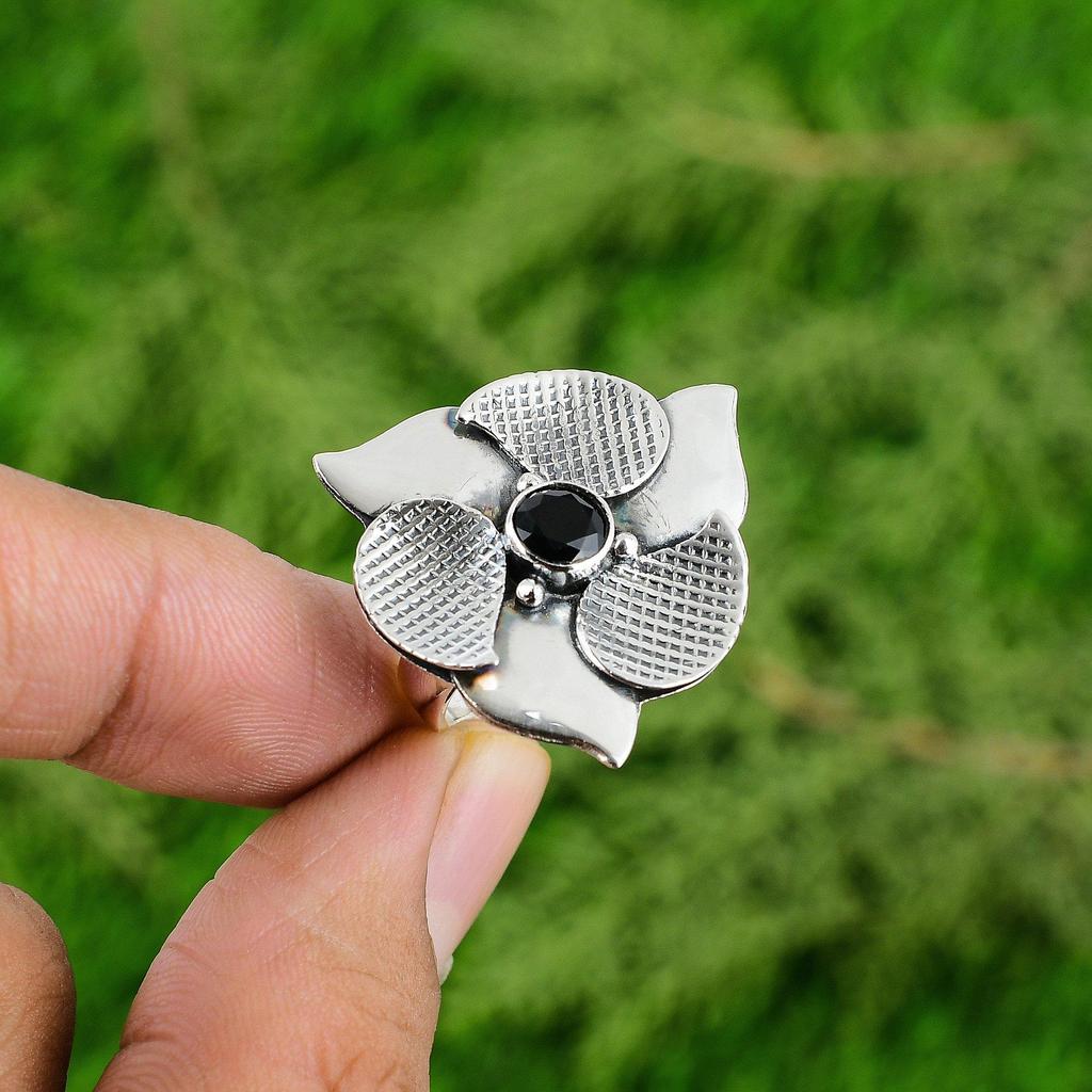 Natural Black Onyx 925 Silver Multi Stone Flower Adjustable Ring For Women