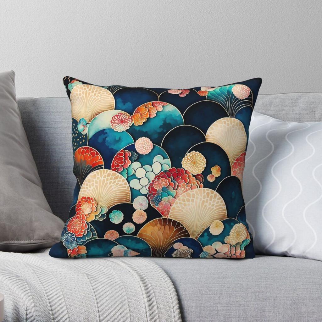 Japanese Scale Kimono Square Pillowcase Polyester Linen Velvet Pattern Zip Decorative Pillow Case Home Cushion Cover