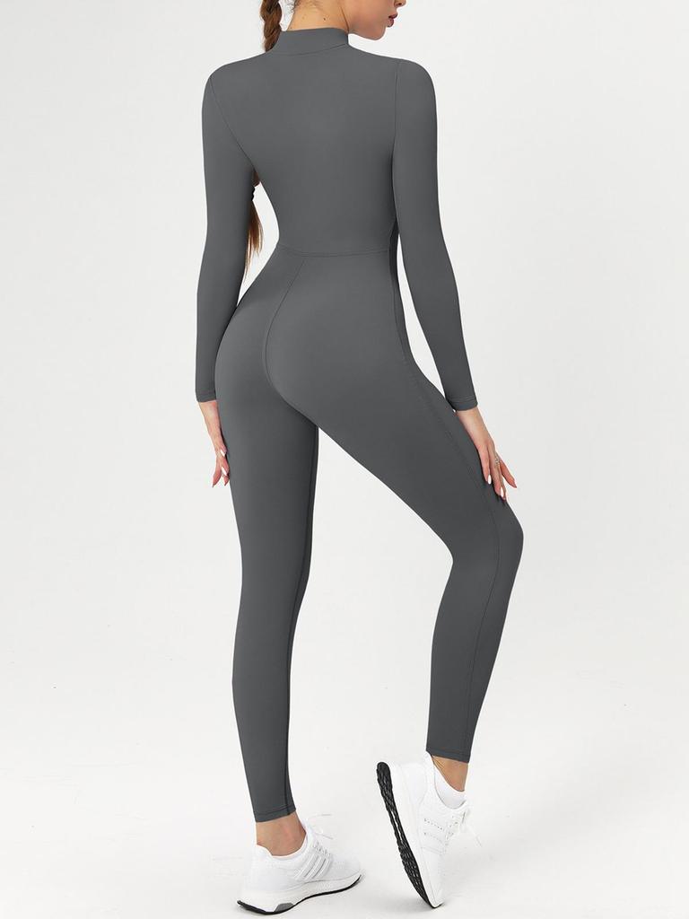 Бежевый комбинезон для йоги с длинным рукавом и молнией - Одежда для высокоинтенсивных тренировок