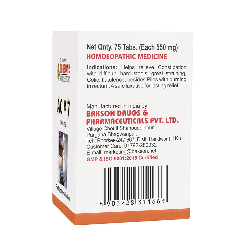 Dr. Bakshi's Bakson's AC#7 Homoeopathy Tablets 75 Tabs for Digestive Support and Daily Comfort