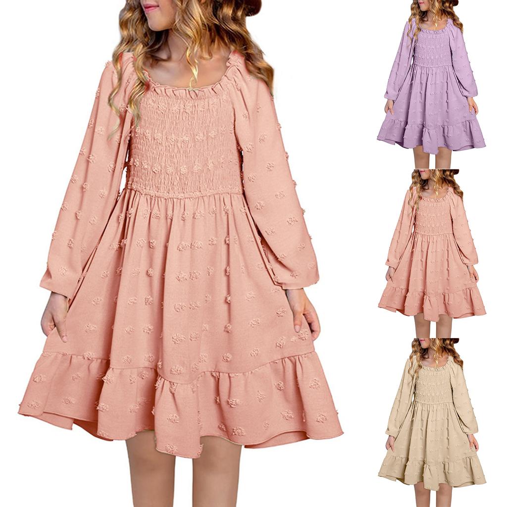 Модное и милое платье для девочек с длинными рукавами, квадратным вырезом горловины и плиссировкой, однотонное