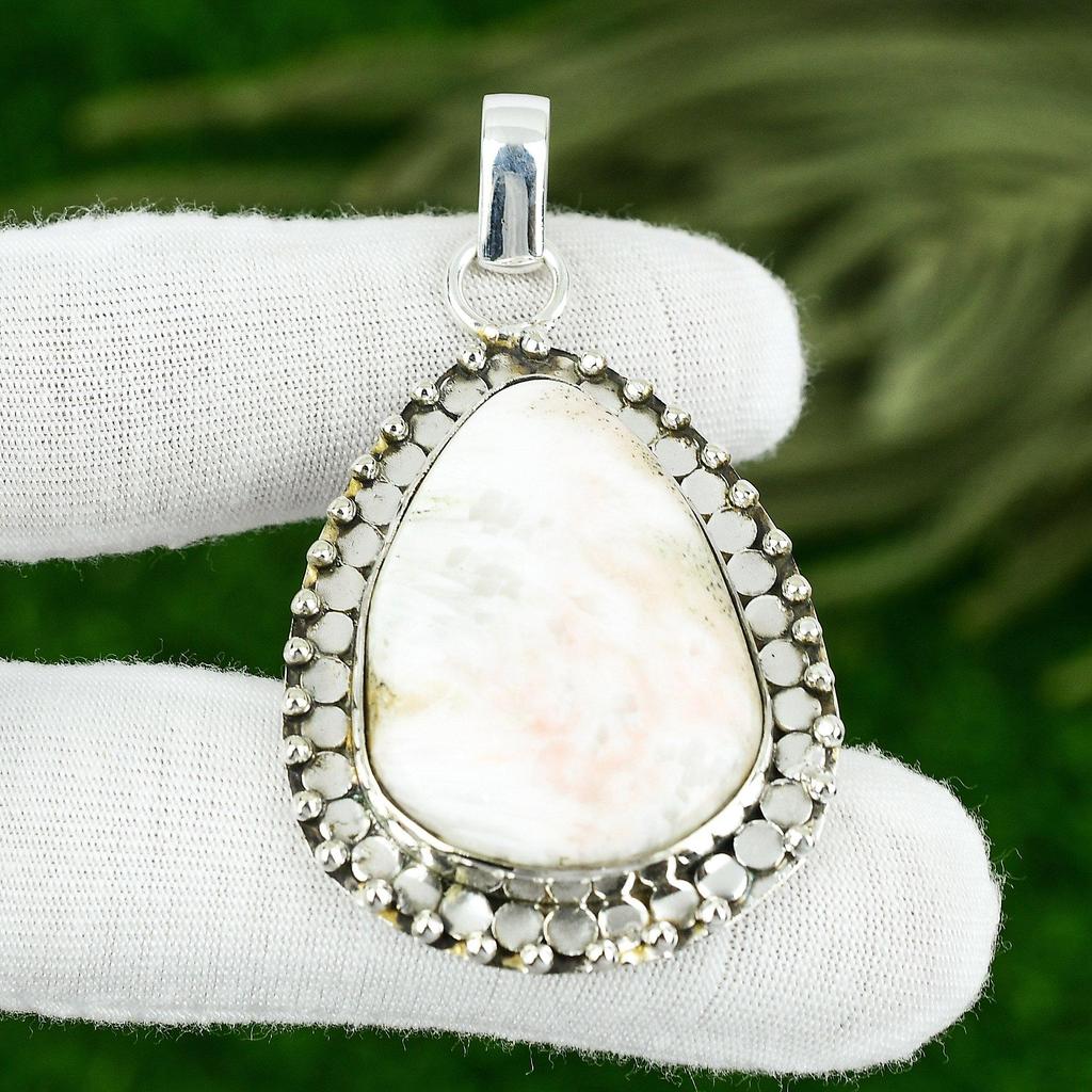 Pear Natural Scolecite Boho Birthday Mother Bezel New Pendant Sterling Silver