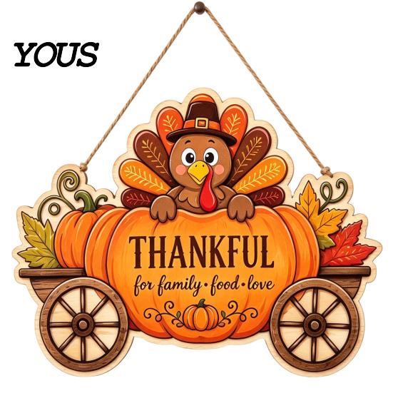 Indoor Outdoor Holiday Sign Thanksgiving Front Door Hanging Sign, Pumpkin Turkey Pattern Hanger, Autumn Ornament Harvest Wall for Farmhouse Porch Home