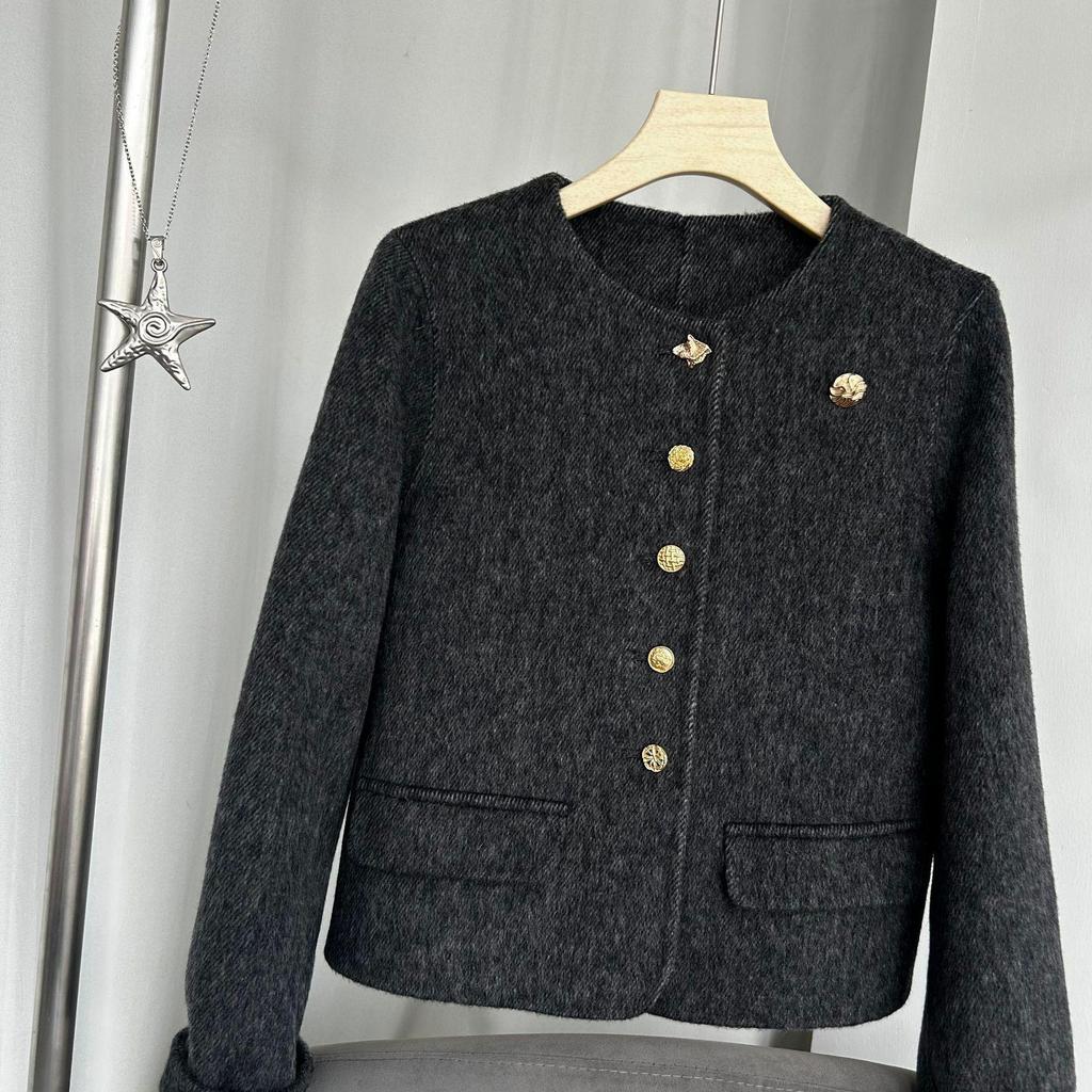Women's Double-Sided Wool Coat - Short, High-End Style with Round Neck