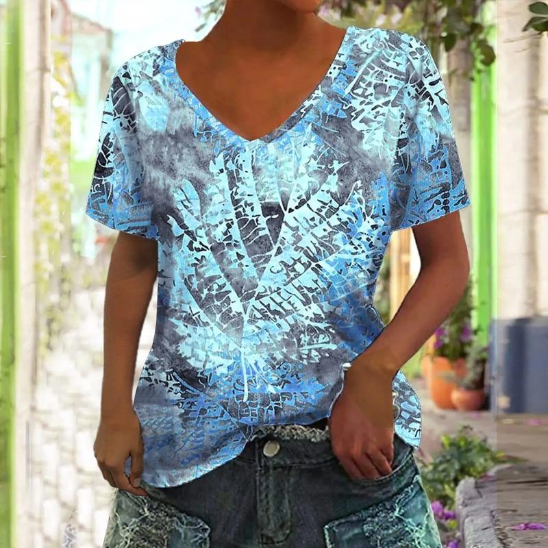 Летняя женская футболка с 3D-принтом листьев, V-образным вырезом и коротким рукавом, модная женская футболка, одежда Y2k, женская футболка