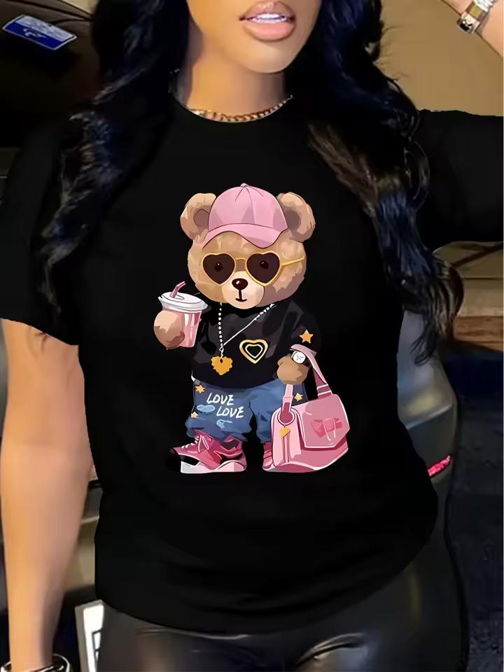 Sleeve Top - Stylish Casual Summer Spring Wear with Design Women's Cute Teddy Bear Graphic T-Shirt Crew Neck